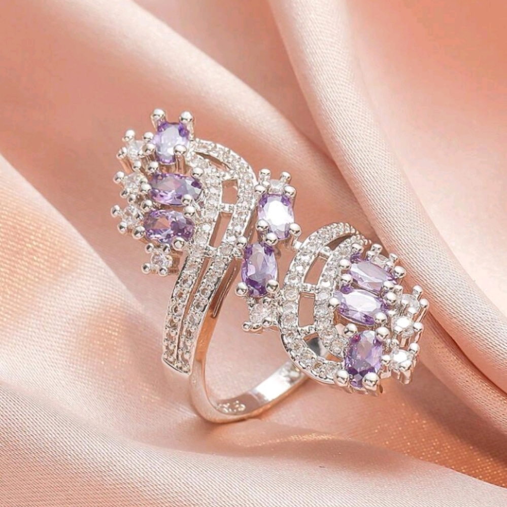 1pc Exaggerated and Gorgeous Cubic Zirconia & Amethyst Engagement Ring, Size 8-9